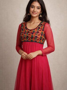 East Indian Ethnic embroidered sheer midi hot pink colourful full flowing